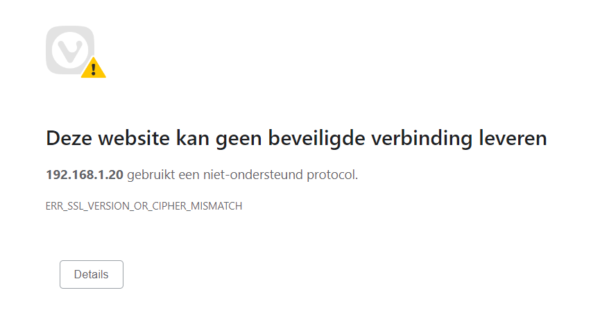 The ERR SSL VERSION OR CIPHER MISMATCH error in a Dutch Vivaldi browser