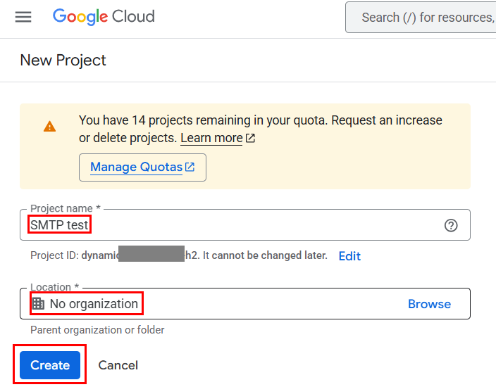 Fill in the new app project form