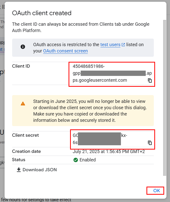 Copy client id and client secret