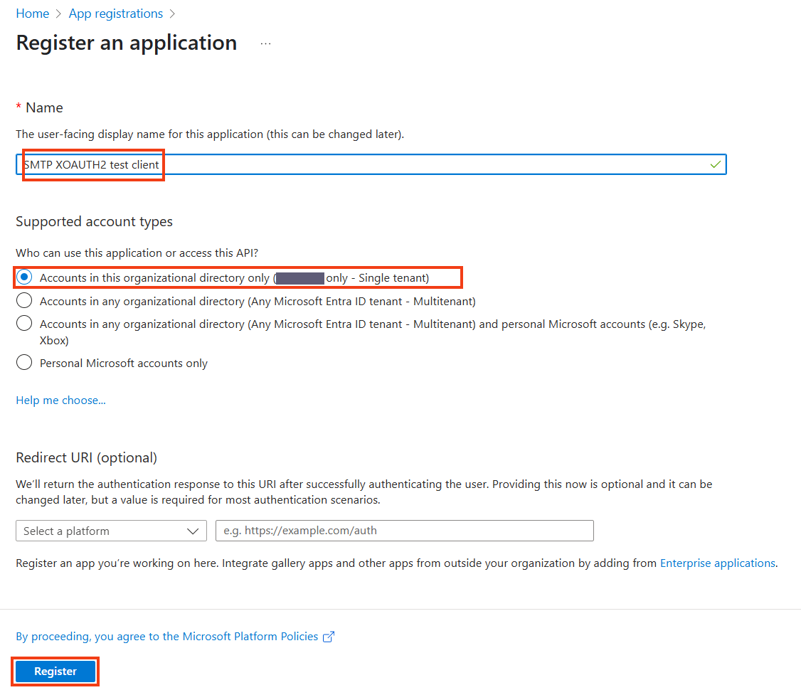 Fill in the app registration form